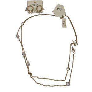 Crown And Ivy 2 Pc Gold Tone Necklace And Earrings Set Jewelry Faux Pearl NEW